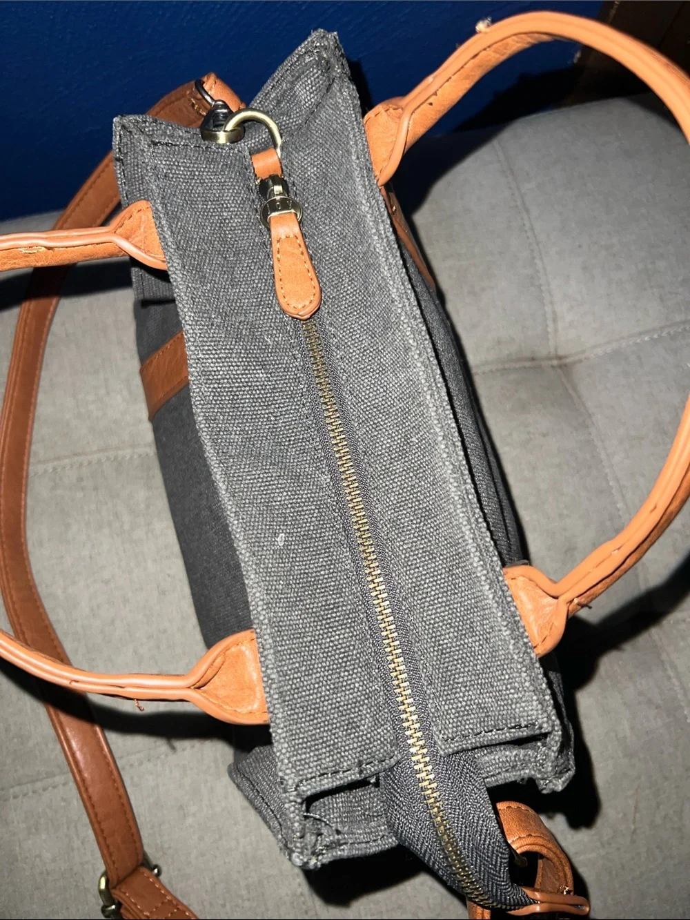 Joy Susan Black Canvas Shoulder Bag with Brown Trim